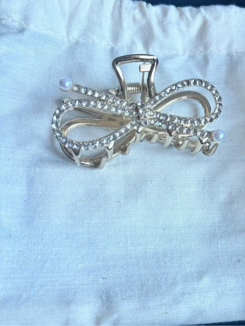 Gold Rhinestone Bow Hair Clip with Pearl Tips